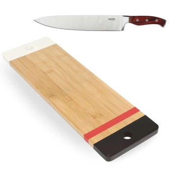 Kit Faca para Corte Churrasco + Tabua de Carne Retangular Bamboo 48,3 Cm Acabamento Verniz Cozinha