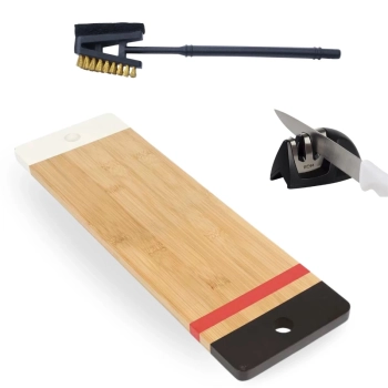 Kit Tabua em Bamboo Churrasco 48,3 Cm + Escova Limpa Grill 3 em 1 + Afiador de Facas Corte Cozinha