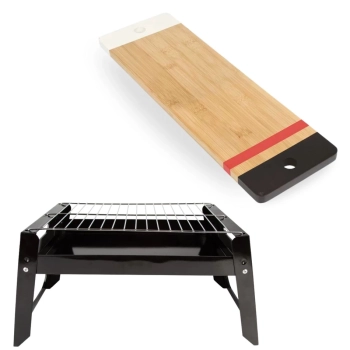 Kit Tbua de Carne em Bamboo Churrasco Retangular 48,3 Cm + Churrasqueira Porttil Cozinha Gourmet