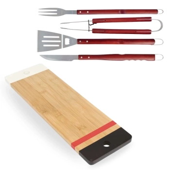 Kit Tabua de Carne Bamboo Retangular 48,3 Cm Acabamento Verniz+ 4 Utenslios Corte Churrasco Gourmet