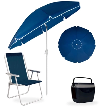 Kit Guarda Sol Articulado 2,50m Manivela + Cadeira Alta de Praia Piscina + Caixa Trmica 12 L Parque