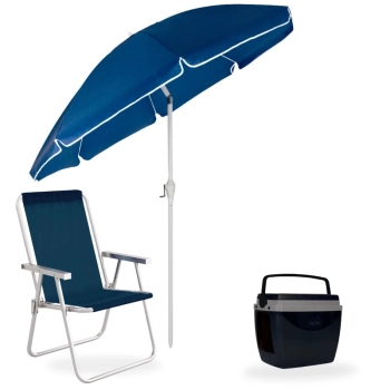 Kit Guarda Sol Articulado 2,50m Manivela + Cadeira Alta de Praia Piscina + Caixa Trmica 12 L Parque
