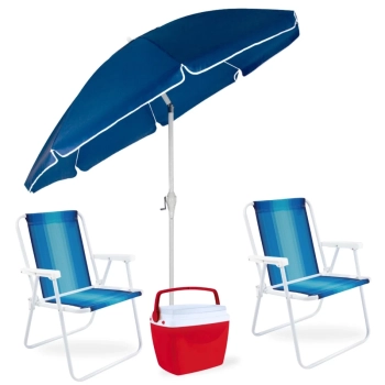 Kit Guarda-sol Articulado 2,50 M com Manivela + Caixa Trmica 6 L Piscina + 2 Cadeira de Praia Alta
