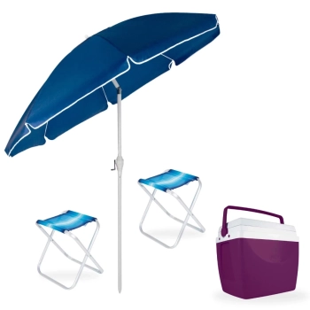 Kit Guarda-sol Articulado 2,50 M com Manivela Piscina + Caixa T�rmica 34l + 2 Banquetas Praia Parque