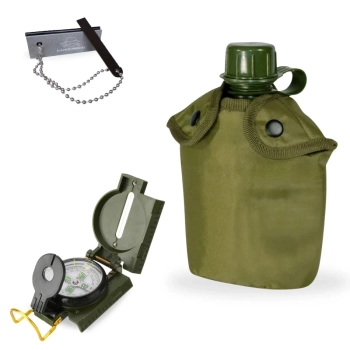 Kit Bssola de Alumnio Indicador Fluorescente + Pederneira + Cantil 950 Ml Plstico com Capa Trilha