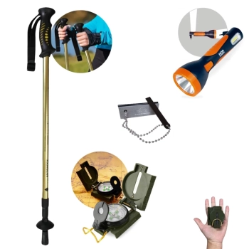 Kit Bssola de Alumnio Camping + Lanterna Recarregvel Trilha + Pederneira Flint + Basto Caminhada