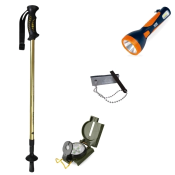 Kit Bssola de Alumnio Camping + Lanterna Recarregvel Trilha + Pederneira Flint + Basto Caminhada