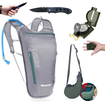 Kit Camping Bssola Alumnio + Canivete + Mochila Camelbak Trilha + Cantil Mohave 750 Ml Caminhada