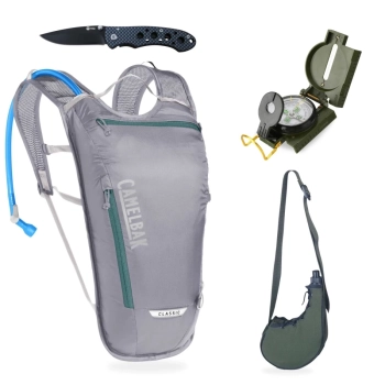 Kit Camping Bssola Alumnio + Canivete + Mochila Camelbak Trilha + Cantil Mohave 750 Ml Caminhada