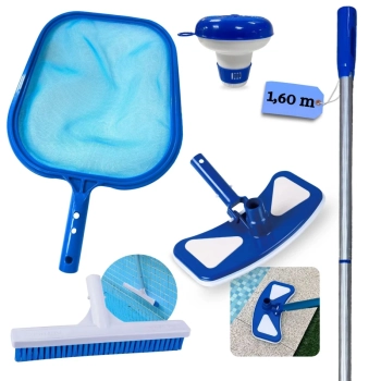 Kit Limpeza de Piscina Haste Alumnio 1,60 M + Aspirador + Mini Clorador + Escova Reta + Peneira