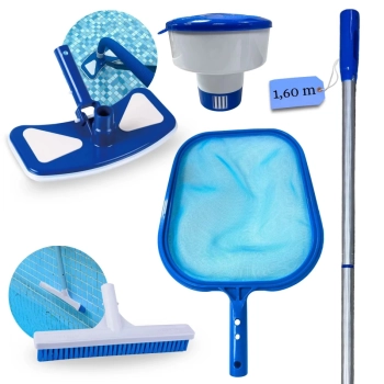 Kit Limpeza de Piscina Flutuador + Peneira + Haste 1,60 M Desmontvel + Aspirador + Escova Reta