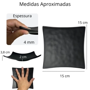 Prato Quadrado Cncavo 15 Cm Raso para Sushi Comida Japonesa em Melamina / Plstico Preto