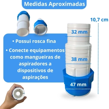 Kit 2 Ponteiras para Mangueira 38 Mm Esquerda + Adaptador Rosca Fina para Aspirao de Piscina