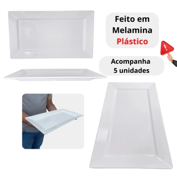 Kit 5 Travessas 40 Cm Retangulares para Buffet Sushi Restaurante em Melamina Plstico