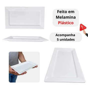 Kit 5 Travessas 25 Cm Retangulares para Buffet Sushi Restaurante em Melamina / Plstico