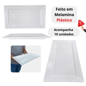 Kit 10 Travessas 40 Cm Retangulares para Buffet Sushi Restaurante em Melamina Plstico