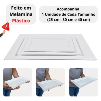 Kit 3 Travessas Retangulares 25 Cm, 30 Cm e 40 Cm (und) para Buffet Sushi Restaurante em Melamina