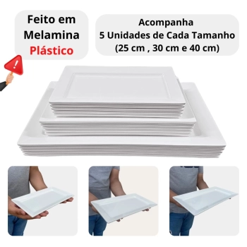 Kit 15 Travessas Retangulares 25 Cm, 30 Cm e 40 Cm (5 Und Cada) para Buffet Sushi Restaurante Melamina