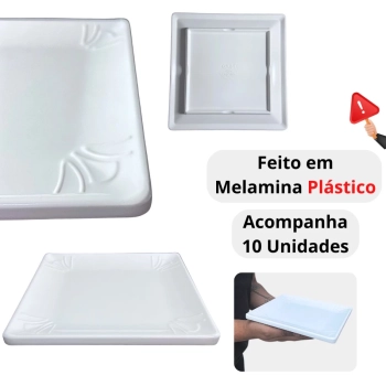 Kit 10 Pratos Quadrados Rasos 20 X 20 Cm Travessas para Sobremesa Por��o Pequena Restaurante Buffet