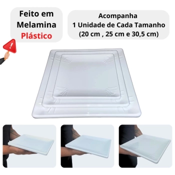 Kit 3 Pratos Quadrados Raso 20 Cm, 25 Cm e 30,5 Cm (und) Travessas para Buffet Restaurante