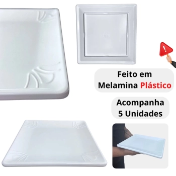 Kit 5 Pratos Quadrados Rasos 25 X 25 Cm Travessas para Por��o Petisco Salgados Restaurante Saladeira Buffet