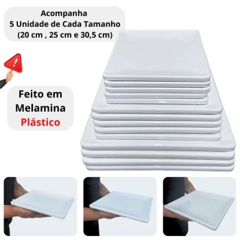 Kit 15 Pratos Quadrados Raso 20 Cm, 25 Cm e 30,5 Cm (5 Cada) Travessas para Buffet Restaurante