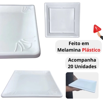 Kit 20 Pratos Quadrados Rasos 25 X 25 Cm Travessas para Por��o Petisco Salgados Restaurante Saladeira Buffet