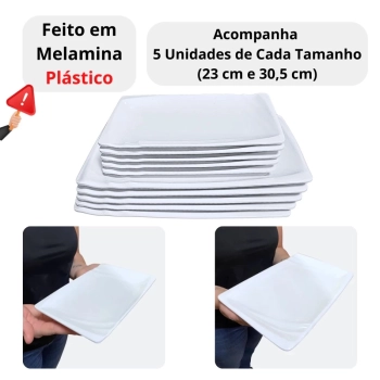 Kit 10 Pratos 23 Cm e 30,5 Cm (5 Und Cada) Travessas para Restaurante Buffet Sushi Finger Food Petisqueira