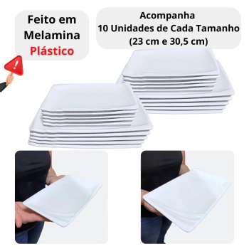 Kit 20 Pratos 23 Cm e 30,5 Cm (10 Und Cada) Travessas para Restaurante Buffet Sushi Finger Food Petisqueira