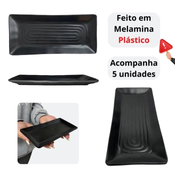 Kit 5 Travessas Rasa 21,5 Cm Prato Preto para Restaurante Comida Japonesa Buffet Sushi em Melamina