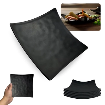 Kit 5 Pratos Quadrados C�ncavo 15 Cm Rasos para Sushi Comida Japonesa em Melamina / Pl�stico Preto
