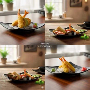 Kit 5 Pratos Quadrados C�ncavo 15 Cm Rasos para Sushi Comida Japonesa em Melamina / Pl�stico Preto