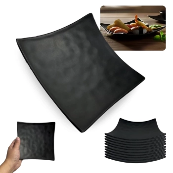 Kit 10 Pratos Quadrados C�ncavo 15 Cm Rasos para Sushi Comida Japonesa em Melamina / Pl�stico Preto