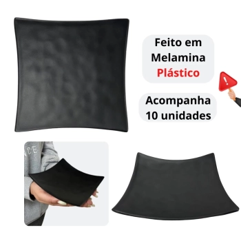 Kit 10 Pratos Quadrados C�ncavo 15 Cm Rasos para Sushi Comida Japonesa em Melamina / Pl�stico Preto