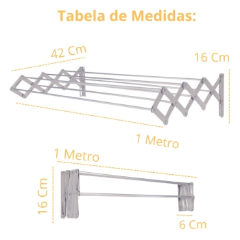 Varal de Parede Retratil Sanfonado Aluminio 1 Metro + Kit Instalao para Apartamentos e Casas