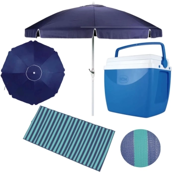 Kit Guarda-sol Articulado Azul 2,40 M + Caixa Trmica 18 L + Esteira 1,80 M