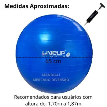 Bola Suia de Pilates Premium Anti Estouro 65 Cm Azul + Mini Bomba Treino Academia Yoga Exercicios