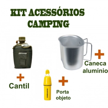 Kit Acessrios Camping com Caneca Aluminio + Cantil + Porta Objeto Impermevel
