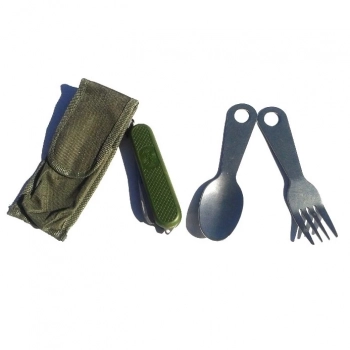 Kit Multiuso com Talheres, Canivete, Cantil Verde Militar e Porta Objeto