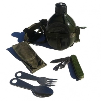 Kit Multiuso com Talheres, Canivete, Cantil Verde Militar e Porta Objeto
