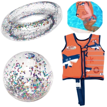 Kit Colete Infantil Laranja Tamanho P/M + Bola e Boia Inflvel com Glitter