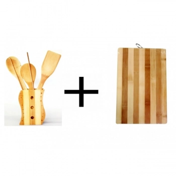 Tabua de Bambu + Kit Talheres de Bambu