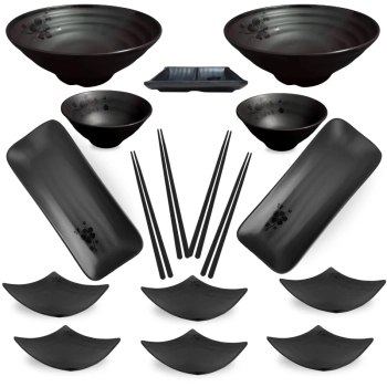 Conjunto 21 Peas para Sushi Comida Oriental com Travessas Pratos Hashis e Molheiras
