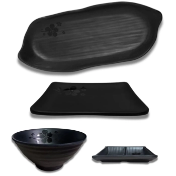 Kit com Uma Travessa Folha + Molheira + Tigela 300 Ml + Um Prato de 18 Cm para Comida Japonesa