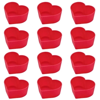 Kit 12 Forminhas Corao em Silicone para Cupcake e Muffin Vermelha