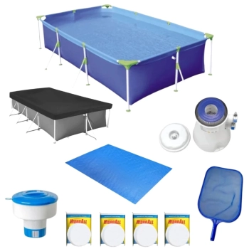 Piscina 3700l + Flutuador, Capa, Forro, Peneira, Cloro, Filtro