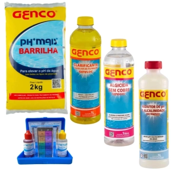 Kit Estojo Aval. Ph e Cl + Redutor de Ph (ph-) + Clarificante + Algicida + Elevador de Ph Barrilha
