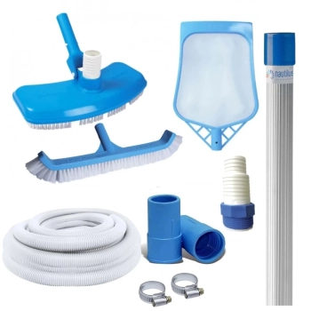 Kit Limpeza de Piscina Aspirador + Peneira com Haste + Escova + Mangueira 4m 32mm Branca