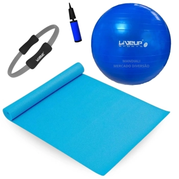 Kit Bola Pilates 65 Cm com Bomba + Tapete Colchonete Treino Yoga + Arco Anel Flexivel para Exercicios