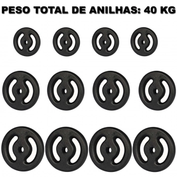 Kit Anilhas Pintadas Peso Total 40 Kg + 3 Barras Kit com 15 Peas